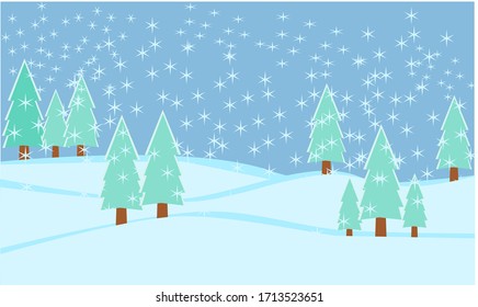 snowfall and evergreen trees in winter