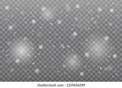 Snowfall. Falling snow on transparent background. Christmas decoration snowflake with transparent effect. Vector illustration.