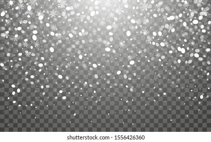 Snowfall and falling snowflakes on dark transparent background. White snowflakes and Christmas snow. Vector illustration