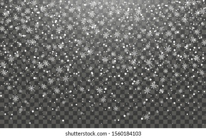 Snowfall and falling snowflakes on dark transparent background. White snowflakes and Christmas snow. Vector illustration