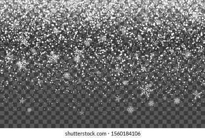 Snowfall and falling snowflakes on dark transparent background. White snowflakes and Christmas snow. Vector illustration