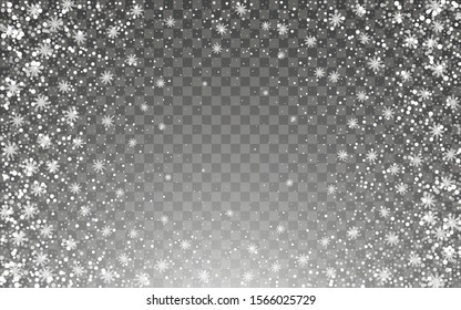 Snowfall and falling snowflakes on dark transparent background. White snowflakes and Christmas snow. Vector illustration
