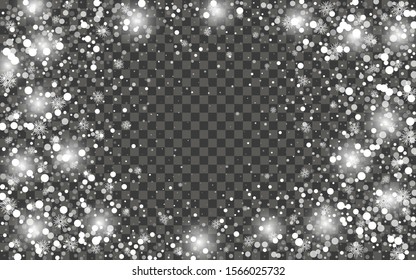 Snowfall and falling snowflakes on dark transparent background. White snowflakes and Christmas snow. Vector illustration