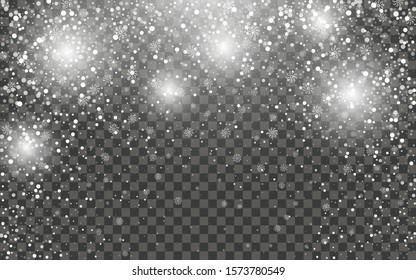 Snowfall and falling snowflakes on dark transparent background. White snowflakes and Christmas snow. Vector illustration