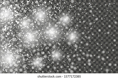 Snowfall and falling snowflakes on dark transparent background. White snowflakes and Christmas snow. Vector illustration
