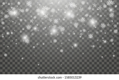 Snowfall and falling snowflakes on dark transparent background. White snowflakes and Christmas snow. Vector illustration