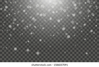 Snowfall and falling snowflakes on dark transparent background. White snowflakes and Christmas snow. Vector illustration