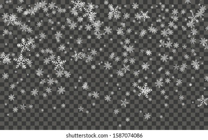 Snowfall and falling snowflakes on dark transparent background. White snowflakes and Christmas snow. Vector illustration