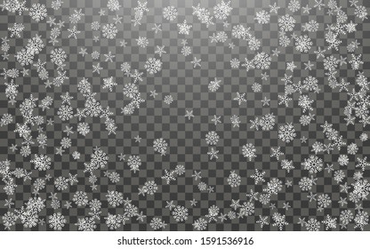 Snowfall and falling snowflakes on dark transparent background. White snowflakes and Christmas snow. Vector illustration