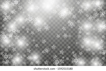 Snowfall and falling snowflakes on dark transparent background. White snowflakes and Christmas snow. Vector illustration
