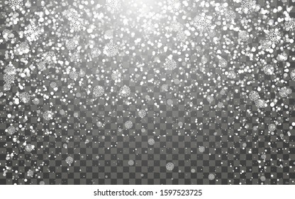 Snowfall and falling snowflakes on dark transparent background. White snowflakes and Christmas snow. Vector illustration