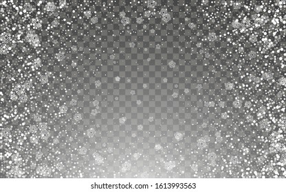 Snowfall and falling snowflakes on dark transparent background. White snowflakes and Christmas snow. Vector illustration