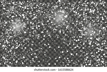 Snowfall and falling snowflakes on dark transparent background. White snowflakes and Christmas snow. Vector illustration