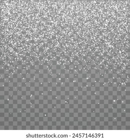 Schneefall und fallende Schneeflocken auf dunklem, transparentem Hintergrund. Weiße Schneeflocken und Weihnachtsmusiken schneebedeckt. Vektorillustration

