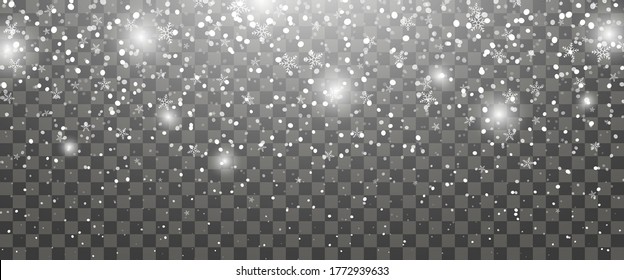 Snowfall and falling snowflakes on transparent background. White snowflakes and Christmas snow. Vector illustration