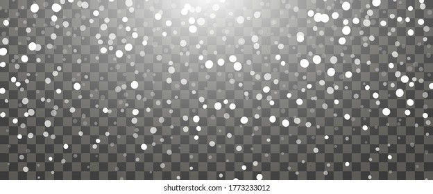 Snowfall and falling snowflakes on transparent background. White snowflakes and Christmas snow. Vector illustration