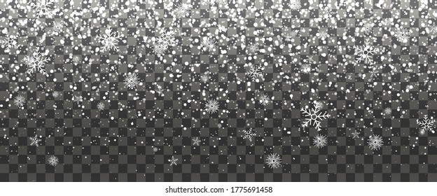Snowfall and falling snowflakes on transparent background. White snowflakes and Christmas snow. Vector illustration