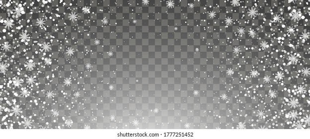 Snowfall and falling snowflakes on transparent background. White snowflakes and Christmas snow. Vector illustration