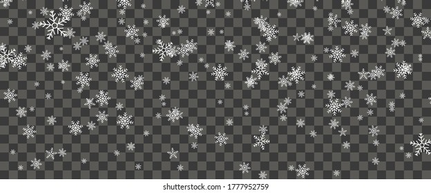 Snowfall and falling snowflakes on transparent background. White snowflakes and Christmas snow. Vector illustration