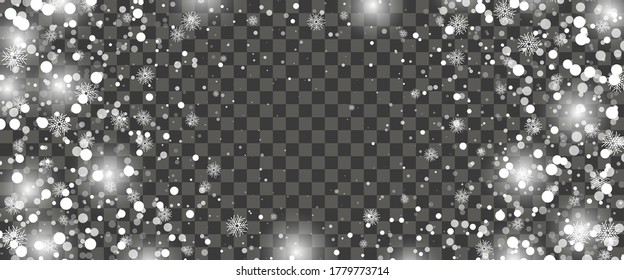Nevada y copos de nieve cayendo sobre un fondo transparente. Copos de nieve blancos y nieve navideña. Ilustración del vector
