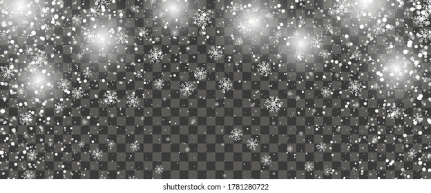 Nevada y copos de nieve cayendo sobre un fondo transparente. Copos de nieve blancos y nieve navideña. Ilustración del vector