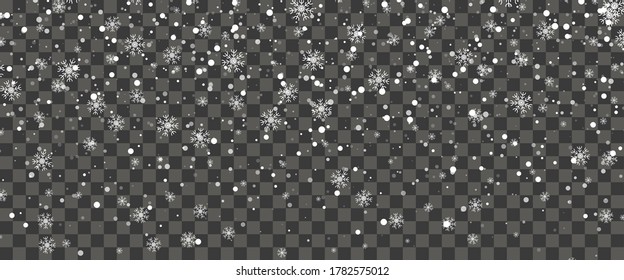Schneefall und fallende Schneeflocken auf transparentem Hintergrund. Weiße Schneeflocken und Weihnachtsschnee. Vektorgrafik