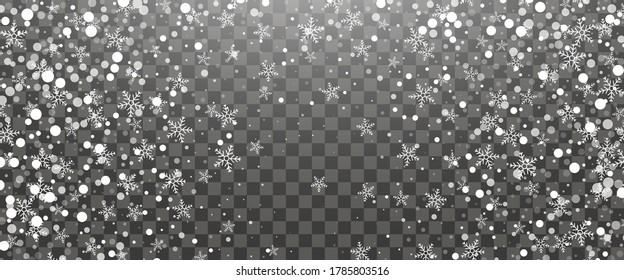 Snowfall and falling snowflakes on transparent background. White snowflakes and Christmas snow. Vector illustration