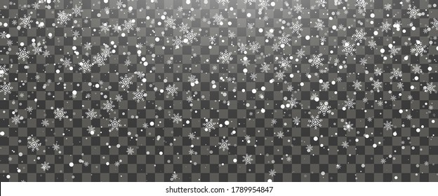 Snowfall and falling snowflakes on transparent background. White snowflakes and Christmas snow. Vector illustration