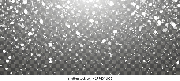 Nevada y copos de nieve cayendo sobre un fondo transparente. Copos de nieve blancos y nieve navideña. Ilustración del vector