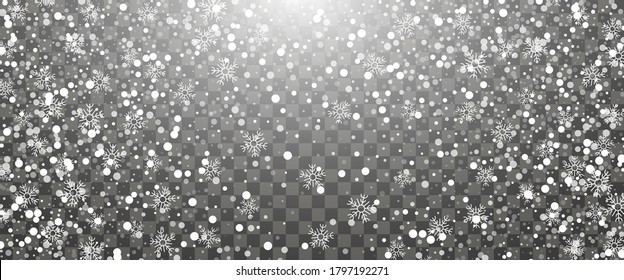 Snowfall and falling snowflakes on transparent background. White snowflakes and Christmas snow. Vector illustration