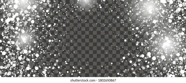 Snowfall and falling snowflakes on transparent background. White snowflakes and Christmas snow. Vector illustration