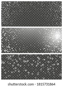 Snowfall and falling snowflakes on transparent background. Set of three backdrops. White snowflakes and Christmas snow. Vector illustration