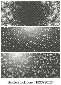 Snowfall and falling snowflakes on transparent background. Set of three backdrops. White snowflakes and Christmas snow. Vector illustration