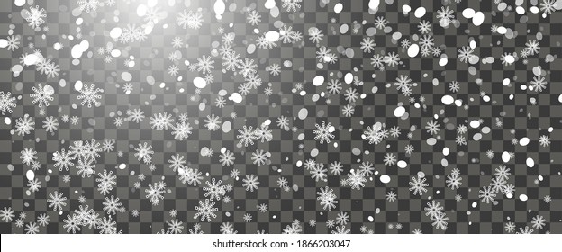 Snowfall and falling snowflakes on transparent background. White snowflakes and Christmas snow. Vector illustration