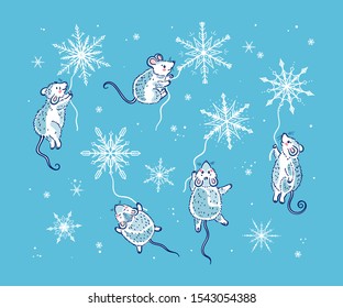Snowfall and Flying in Sky Cute Mouse or Rats with Snowflakes Winter Holiday Vector Set. Cartoon Doodle Little Mice and Snow for Christmas and Chinese New Year 2020 Design