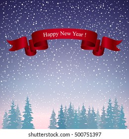 Snowfall in the Forest, Happy New Year Landscape in Purple Shades, Winter Background, Vector Illustration 