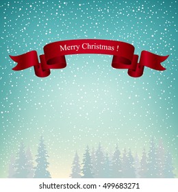 Snowfall in the Forest, Merry Christmas Landscape in Turquoise Shades, Winter Background, Vector Illustration