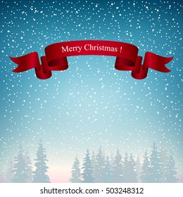 Snowfall in the Forest, Merry Christmas Landscape in Blue Shades, Winter Background, Vector Illustration 