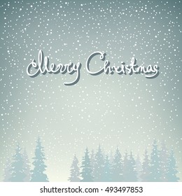Snowfall in the Forest and Text Merry Christmas, Snow Falls on the Spruces, Fir Trees in Winter in Snowfall, Winter Background, Christmas Winter Landscape in Gray Shades, Vector Illustration