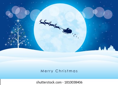 Snowfall, full moon and Santa Claus silhouette (Christmas image illustration) / Vector data