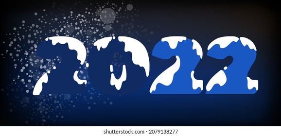 Snowfall. Happy New Year 2022. Creative design of blue numbers 2021 on which white snow fell. Blue background. Futuristic, 2022. Elements for calendar and greeting Christmas cards, template, logo