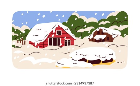 Snowfall, heavy snowy precipitation. Winter landscape in cold weather, houses and cars covered under snow. Wintertime calamity, snowdrifts, snowflakes. Natural disaster. Flat vector illustration