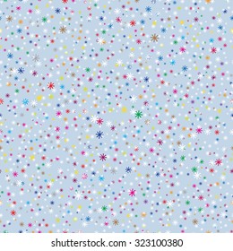 Snowfall. Holiday Wallpaper. Christmas and New Year background. Winter endless background. Snowflakes seamless pattern. Tiny Colorful snowflakes on light blue background.