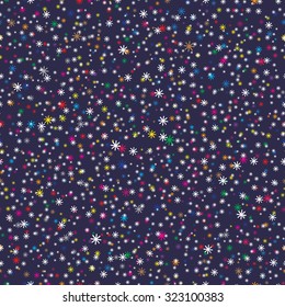 Snowfall. Holiday Wallpaper. Christmas and New Year background. Winter endless background. Snowflakes seamless pattern. Tiny Colorful snowflakes on dark blue background