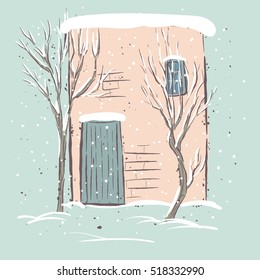 snowfall. The house and trees in the snow. Cute winter landscape  Merry Christmas and Happy New Year Background with Winter City Landscape. House in the snow. Winter house. Winter. Trees in the snow.