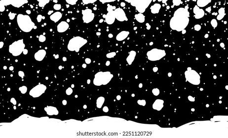 Snowfall illustration with big chunks of falling snow on a black background. Snowfall vector illustration with place for text in design.