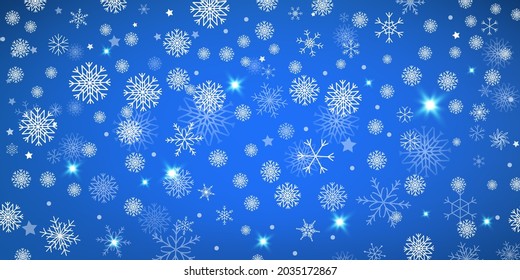 Snowfall Isolated on Holiday Bluet Background in Realistic Style. Vector Snowflake Wallpaper.