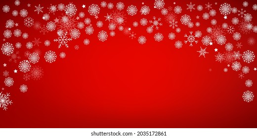 Snowfall Isolated on Holiday Red Background in Realistic Style. Vector Snowflake Wallpaper.