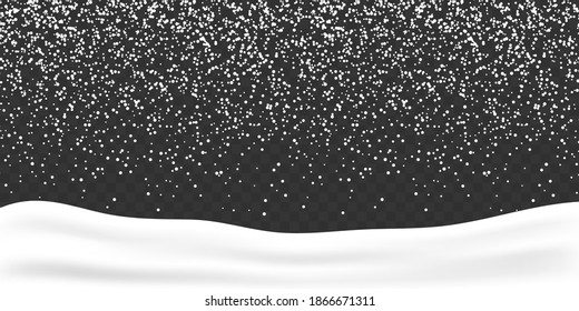 Snowfall isolated on transparent background. Falling Snow. Snow with snowflakes vector illustration. Realistic christmas snow. Large snowdrift