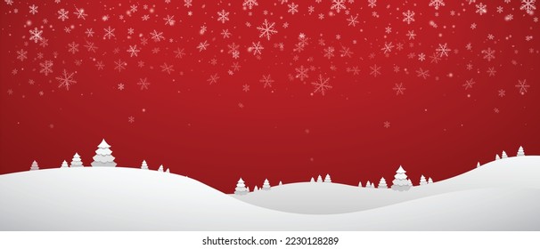 Snowfall landscape on red background Christmas snowy winter design falling White snowflakes, landscape abstract Cold weather effect Magic nature fantasy snowfall texture decoration Vector illustration